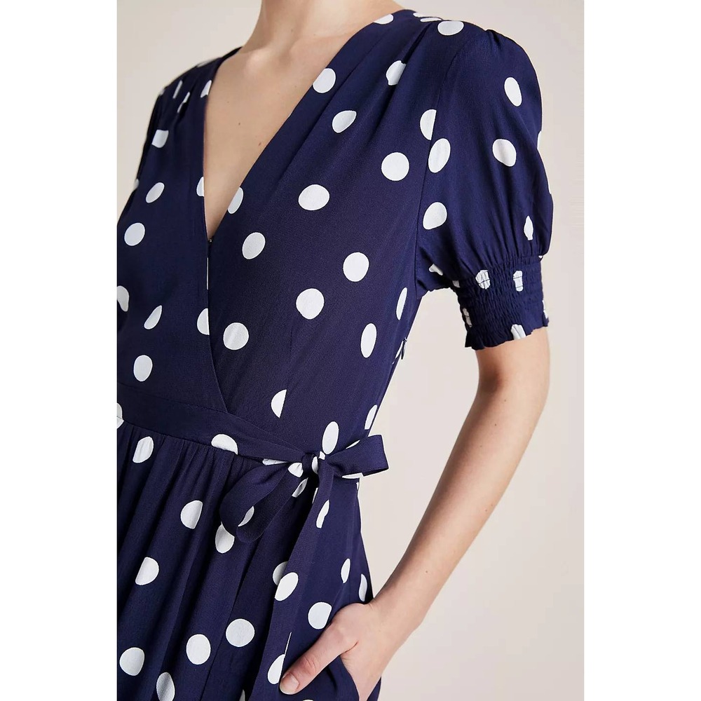 Maeve Anthropologie Polka Dot Wrap Dress Navy Blue White Midi Size 16 - Picture 3 of 11